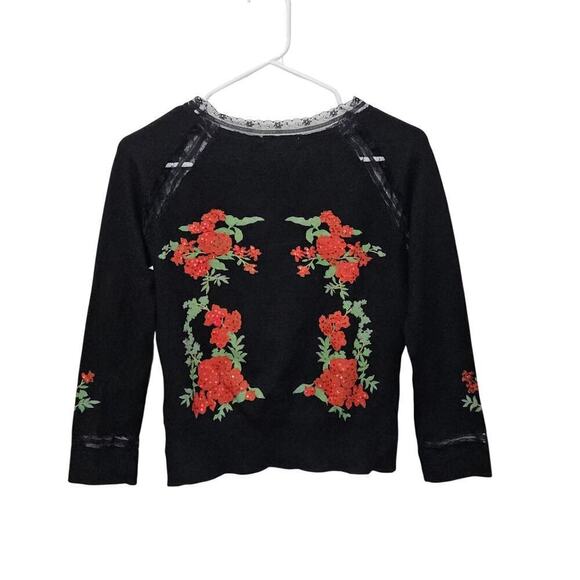 other Sweaters - Black Floral Cardigan Sweater Lace Trim Beaded Diamond Buttons 3/4 Sleeves Sz M
